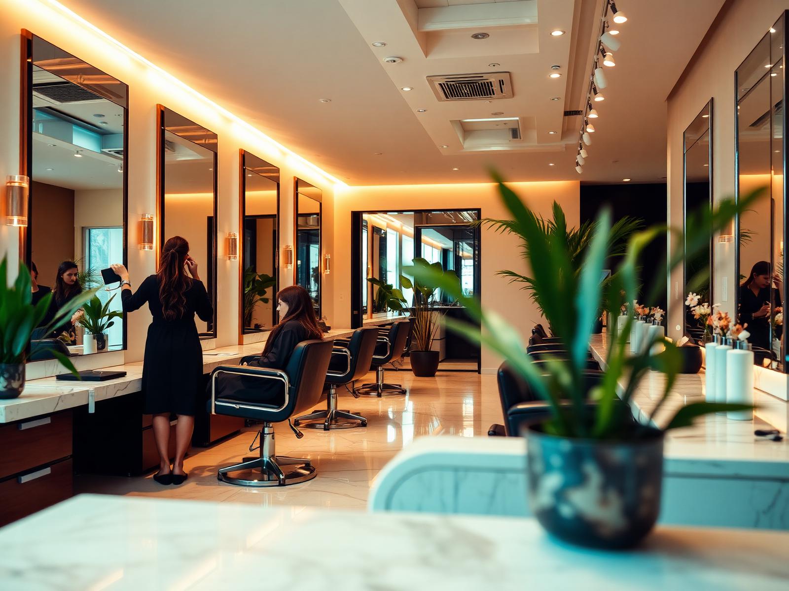 Modern salon interior with stylist and client